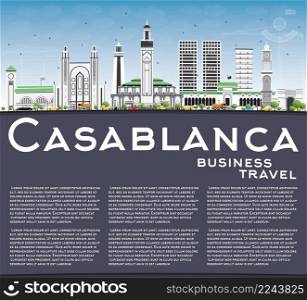 Casablanca Skyline with Gray Buildings, Blue Sky and Copy Space. Vector Illustration. Business Travel and Tourism Concept with Historic Architecture. Image for Presentation Banner Placard and Web Site.