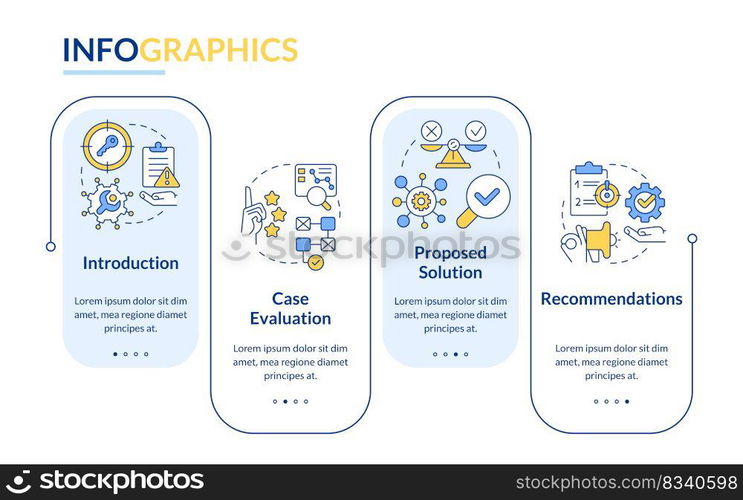 Case drafting rectangle infographic template. Studying plan. Data visualization with 4 steps. Editable timeline info chart. Workflow layout with line icons. Lato-Bold, Regular fonts used. Case drafting rectangle infographic template