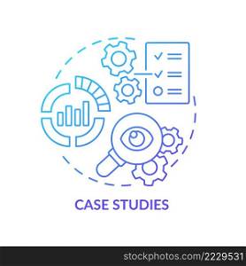 Case studies blue gradient concept icon. Promotion c&aigns data. Data analysis. Marketing trend abstract idea thin line illustration. Isolated outline drawing. Myriad Pro-Bold font used. Case studies blue gradient concept icon