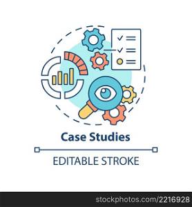 Case studies concept icon. Analyzing advertising campaigns. Marketing trend abstract idea thin line illustration. Isolated outline drawing. Editable stroke. Arial, Myriad Pro-Bold fonts used. Case studies concept icon