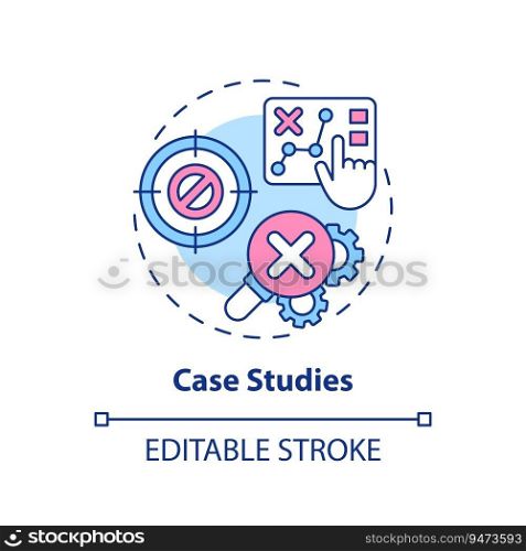 Case studies multi color concept icon. Problem solving skills. Hands on learning. Marketing strategy. Sales improvement. Round shape line illustration. Abstract idea. Graphic design. Easy to use. Case studies multi color concept icon