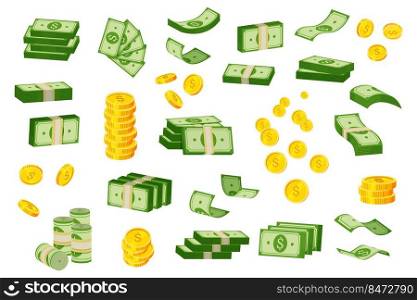 Cash and coins. Cartoon piles and stacks of coins and green banknotes, money cash and bank currency vector concept various cash banknote. Cash and coins. Cartoon piles and stacks of coins and green banknotes, money cash and bank currency vector concept