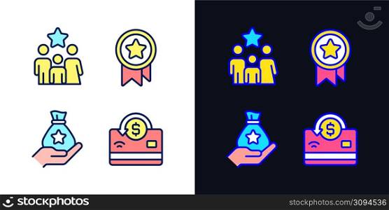 Cash awards pixel perfect light and dark theme color icons set. Benefits program. Family bonus. Noncash prize. Simple filled line drawings. Bright cliparts on white and black. Editable stroke. Cash awards pixel perfect light and dark theme color icons set