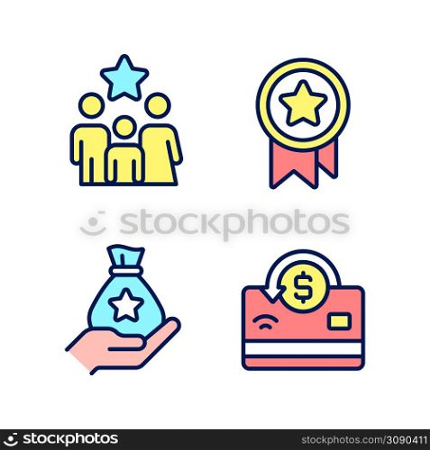 Cash awards pixel perfect RGB color icons set. Benefits program. Family bonus. Big financial reward. Isolated vector illustrations. Simple filled line drawings collection. Editable stroke. Cash awards pixel perfect RGB color icons set