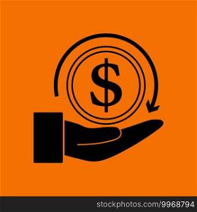 Cash Back Coin To Hand Icon. Black on Orange Background. Vector Illustration.