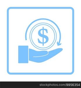 Cash Back Coin To Hand Icon. Blue Frame Design. Vector Illustration.