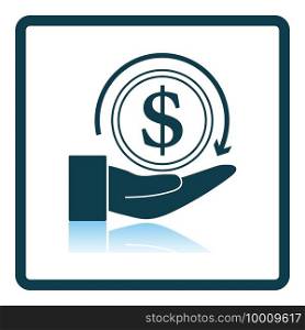 Cash Back Coin To Hand Icon. Square Shadow Reflection Design. Vector Illustration.