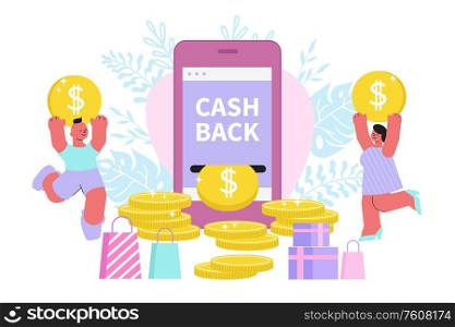 Cash back discount composition with flat human characters dancing with golden coins and touch screen smartphone vector illustration