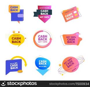 Cash back icons set vector. Color, fluid banners collection of coins back. Get money from online payments, purchases. Promotion badges for store, company, business.. Cash back icons set vector. Color, fluid banners collection of coins back.