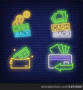Cash back letterings, plastic card, wallet neon signs set. Money, business, finance design. Night bright neon sign, colorful billboard, light banner. Vector illustration in neon style.
