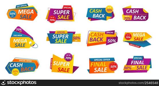 Cash back stickers. Cashback badge, super mega sale icon, discount bright labels with design stamp elements. Special offers collection. Promotional marketing tags vector isolated on white illustration. Cash back stickers. Cashback badge, super mega sale icon, discount bright labels with design stamp elements. Special offers collection. Promotional marketing tags, vector isolated illustration