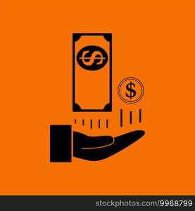 Cash Back To Hand Icon. Black on Orange Background. Vector Illustration.