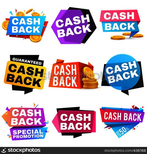 Cash back vector sale banners with ribbons. Saving and money refund icons. Cashback money badge and banner, business warranty illustration. Cash back vector sale banners with ribbons. Saving and money refund icons