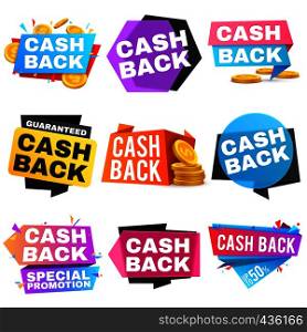 Cash back vector sale banners with ribbons. Saving and money refund icons. Cashback money badge and banner, business warranty illustration. Cash back vector sale banners with ribbons. Saving and money refund icons