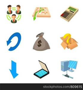 Cash consideration icons set. Cartoon set of 9 cash consideration vector icons for web isolated on white background. Cash consideration icons set, cartoon style