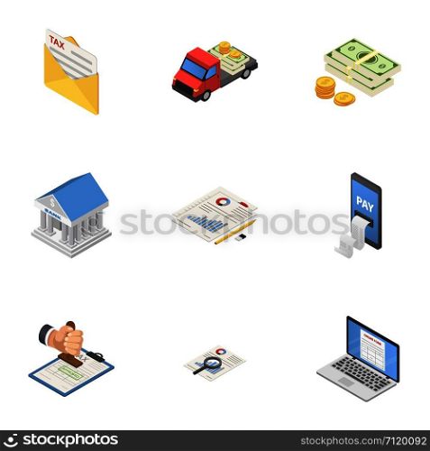 Cash delivery icons set. Isometric set of 9 cash delivery vector icons for web isolated on white background. Cash delivery icons set, isometric style