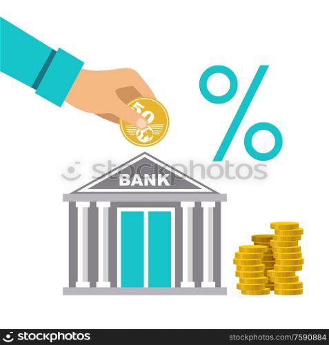 Cash deposit to the bank. Profit increase. Percentage of contribution. Vector illustration