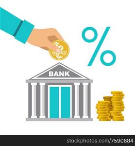 Cash deposit to the bank. Profit increase. Percentage of contribution. Vector illustration
