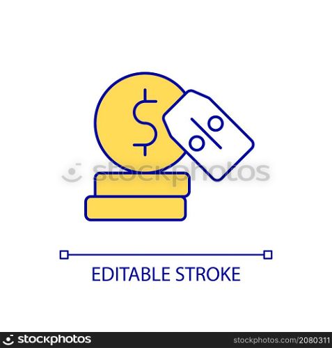 Cash discount RGB color icon. Price deduction and reducing. Wealth and budget. Gold coins. Purchase on sale. Isolated vector illustration. Simple filled line drawing. Editable stroke. Arial font used. Cash discount RGB color icon