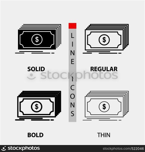 Cash, dollar, finance, funds, money Icon in Thin, Regular, Bold Line and Glyph Style. Vector illustration. Vector EPS10 Abstract Template background
