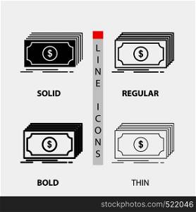 Cash, dollar, finance, funds, money Icon in Thin, Regular, Bold Line and Glyph Style. Vector illustration. Vector EPS10 Abstract Template background
