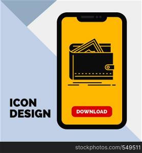 Cash, finance, money, personal, purse Glyph Icon in Mobile for Download Page. Yellow Background. Vector EPS10 Abstract Template background