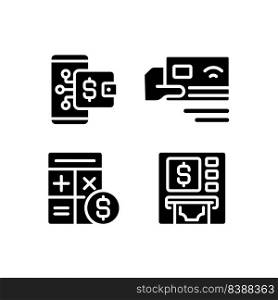 Cash flow activities black glyph icons set on white space. Digital wallet. Payment by card. Financial accounting. Withdraw money. Silhouette symbols. Solid pictogram pack. Vector isolated illustration. Cash flow activities black glyph icons set on white space
