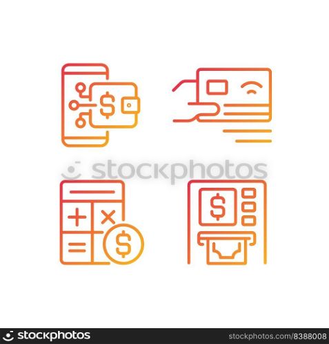 Cash flow activities pixel perfect gradient linear vector icons set. Digital wallet. Payment by card. Accounting. Thin line contour symbol designs bundle. Isolated outline illustrations collection. Cash flow activities pixel perfect gradient linear vector icons set