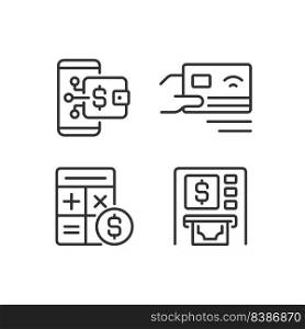Cash flow activities pixel perfect linear icons set. Digital wallet. Payment by card. Accounting. Customizable thin line symbols. Isolated vector outline illustrations. Editable stroke. Cash flow activities pixel perfect linear icons set