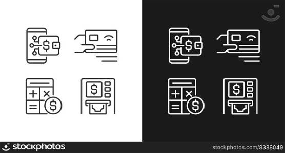 Cash flow activities pixel perfect linear icons set for dark, light mode. Digital wallet. Payment by card. Accounting. Thin line symbols for night, day theme. Isolated illustrations. Editable stroke. Cash flow activities pixel perfect linear icons set for dark, light mode