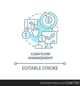 Cash flow management turquoise concept icon. Benefits of insurance policy abstract idea thin line illustration. Isolated outline drawing. Editable stroke. Arial, Myriad Pro-Bold fonts used. Cash flow management turquoise concept icon