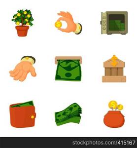 Cash icons set. Cartoon illustration of 9 cash vector icons for web. Cash icons set, cartoon style