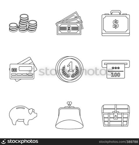 Cash icons set. Outline illustration of 9 cash vector icons for web. Cash icons set, outline style