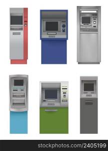 Cash machines. Atm payments automated bank services screen display of atm decent vector realistic pictures set isolated. Illustration of banking payment terminal and atm. Cash machines. Atm payments automated bank services screen display of atm decent vector realistic pictures set isolated