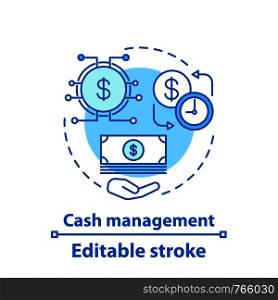 Cash management concept icon. Financial transaction idea thin line illustration. Profit. Time and money conversion. Finance. Vector isolated outline drawing. Editable stroke. Cash management concept icon