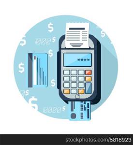 Cash mashines issues receipt of payment card on background with dollar sign flat design long shadow style