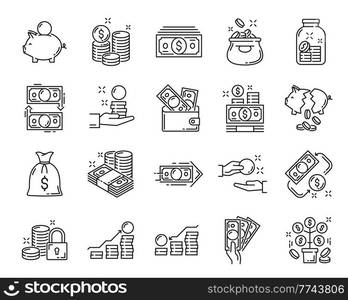 Cash money and coins icons, payment or credit and wallet exchange, business and savings, vector. Dollar money, cash currency and bank credit card symbols, financial pictograms of hand and salary. Cash money coins icons, payment credit and wallet