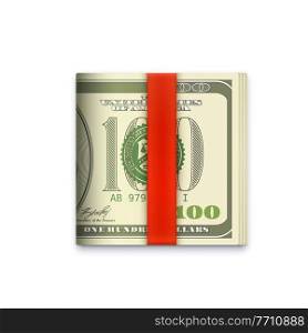 Cash money roll icon, USA dollars paper banknotes in wallet clip, vector. Dollars roll in red ribbon band, US banknotes bundle or pocket stack, salary or earnings in bankroll. Cash money roll icon, USA dollars paper banknotes
