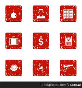 Cash office icons set. Grunge set of 9 cash office vector icons for web isolated on white background. Cash office icons set, grunge style
