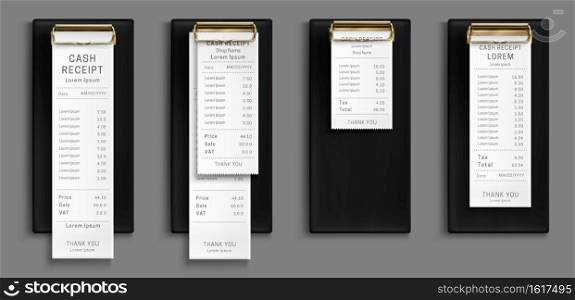 Cash receipt on black clipboard, purchase bill invoice, supermarket shopping retail sum check and total cost store sale payment, payment blank isolated on grey background. Realistic 3d vector set. Cash receipt on clipboard, paper bill, invoice set