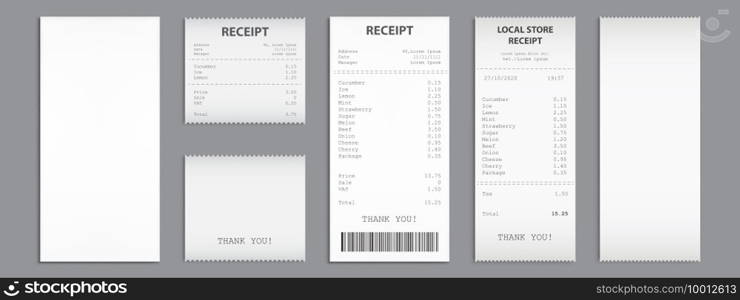 Cash receipt on clipboard, purchase bill invoice, supermarket shopping retail sum check and total cost store sale payment, empty and filled blank isolated on grey background. Realistic 3d vector set. Cash receipt on clipboard, paper bill, invoice set