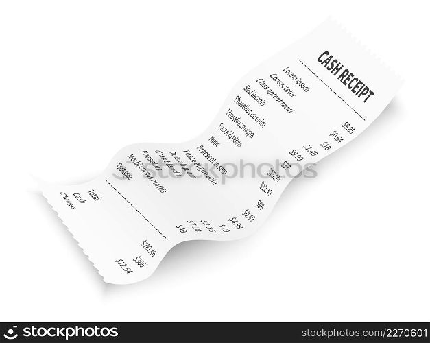 Cash receipt. Realistic paper print of purchases bill isolated on white background. Cash receipt. Realistic paper print of purchases bill