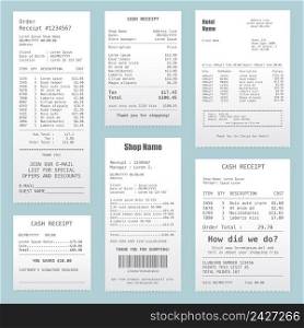 Cash receipts selection for sales products and hotel service realistic images collection on blue background vector illustration. Cash Receipt S&les Realistic Images Collection