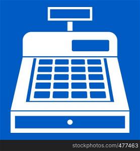 Cash register icon white isolated on blue background vector illustration. Cash register icon white