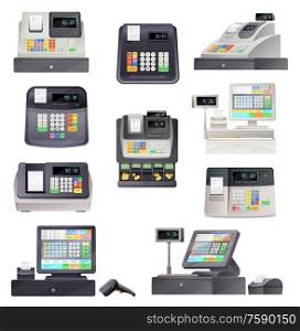 Cash register machine terminal, scanner and checkout counter. Vector retail point and pos terminal sale equipment. Cashiers of store with money boxes, receipt printers, displays and barcode readers. Cash register, checkout counter with scanner