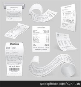 Cash Register Printed Receipts Realistic Collection. Cash register sales receipts printed on thermal rolled paper realistic samles set light gray background vector illustrations