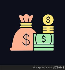Cash RGB color icon for dark theme. Money sack. Currency or coins for goods, debt or services exchange. Isolated vector illustration on night mode background. Simple filled line drawing on black. Cash RGB color icon for dark theme