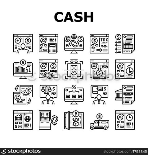 Cash Services Bank Collection Icons Set Vector. Opening Customer Account And Providing Information On Cash Flow, Money Transaction And Currency Black Contour Illustrations. Cash Services Bank Collection Icons Set Vector