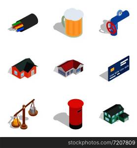 Cash supply icons set. Isometric set of 9 cash supply vector icons for web isolated on white background. Cash supply icons set, isometric style
