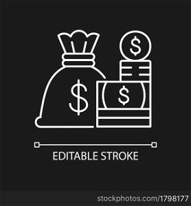 Cash white linear icon for dark theme. Money sack. Currency for goods, debt or services exchange. Thin line customizable illustration. Isolated vector contour symbol for night mode. Editable stroke. Cash white linear icon for dark theme